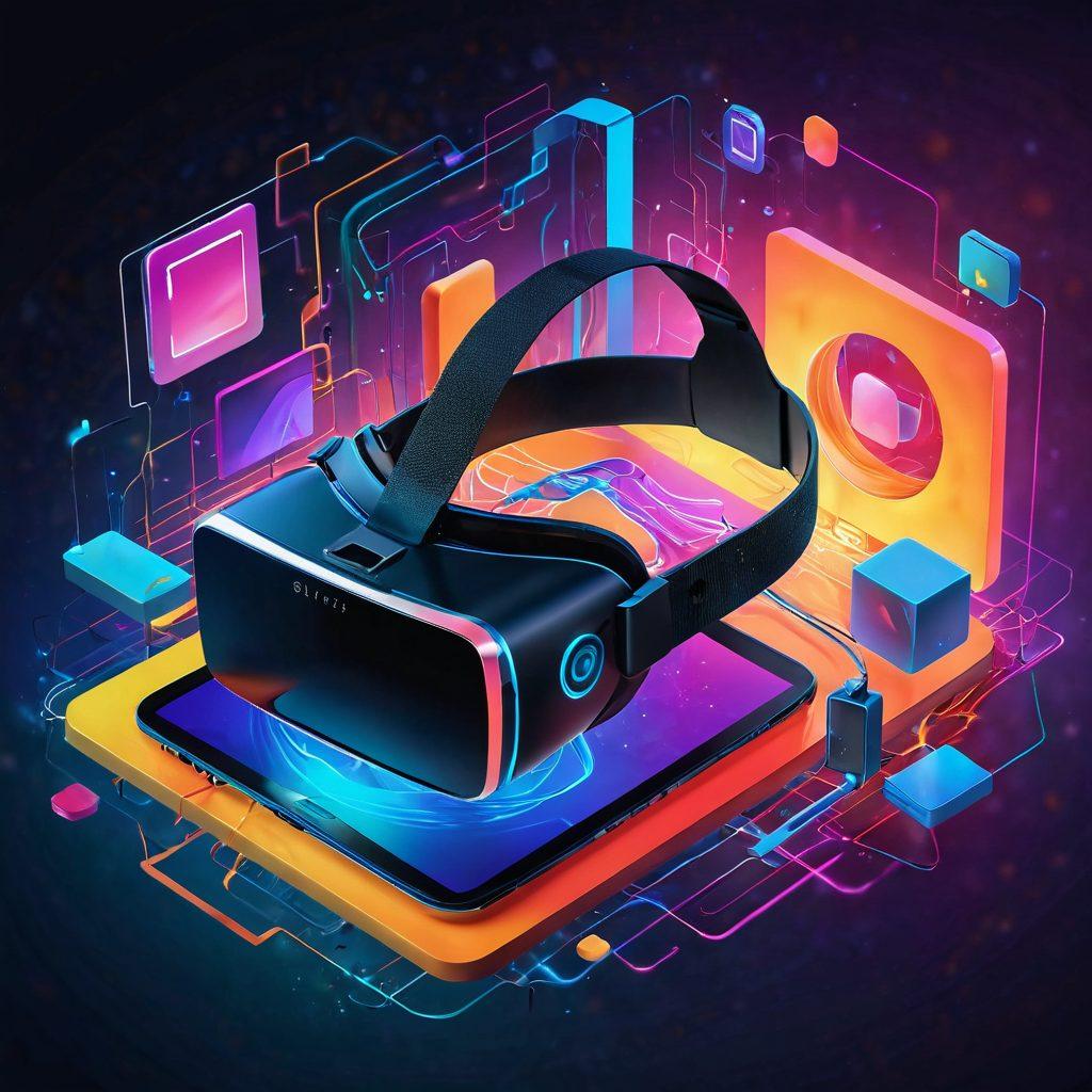 An abstract representation of interconnected devices glowing with vibrant colors, symbolizing the fusion of technology and intimacy. Include elements like VR headsets, smart toys, and digital blueprints combining in an alluring visual. The background should be fluid and dynamic, depicting a modern and sensual atmosphere. super-realistic. vibrant colors. abstract art.